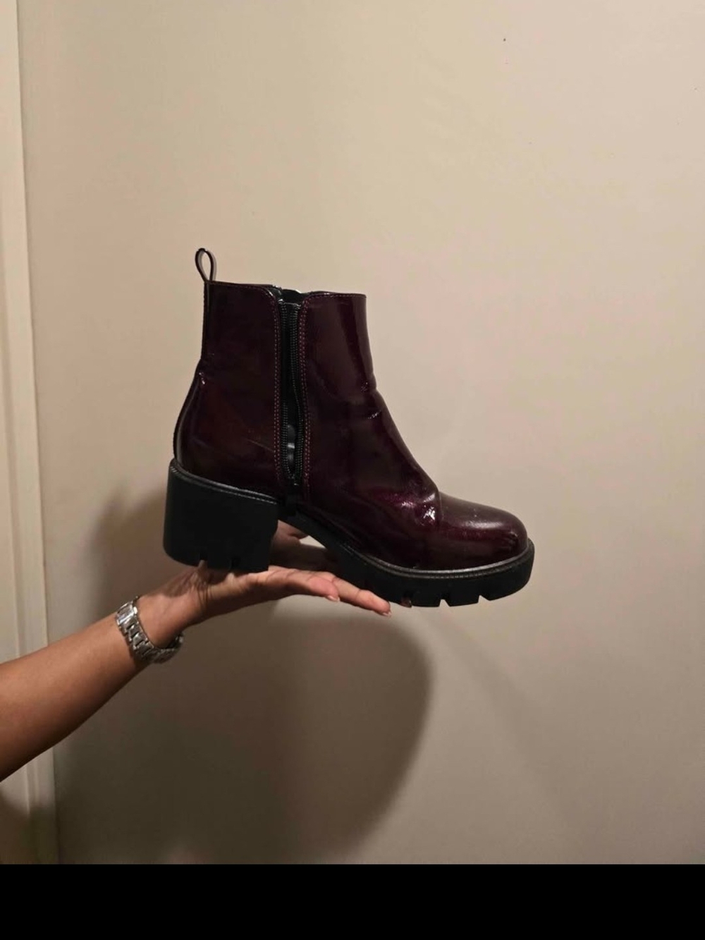 Steve Madden Burgundy Patent Chunky Heel Zip Boot